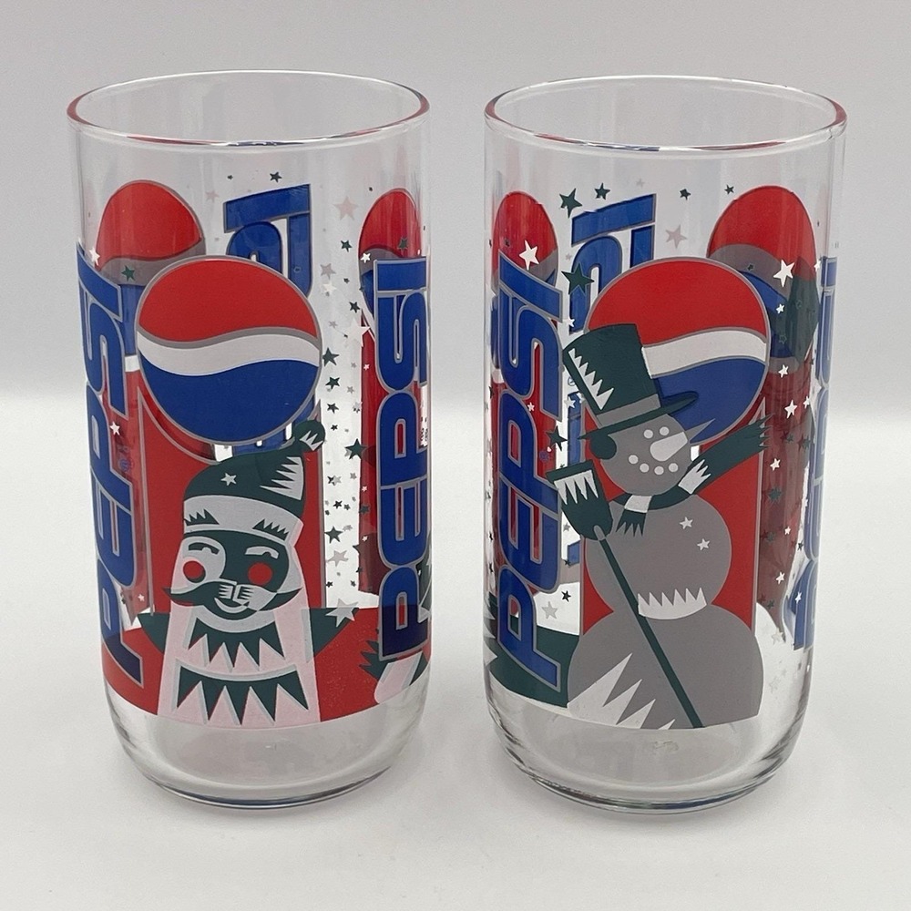 Vintage 1990s Libbey Pepsi Christmas Holiday Tumbler Drinking Glasses Set of 2
